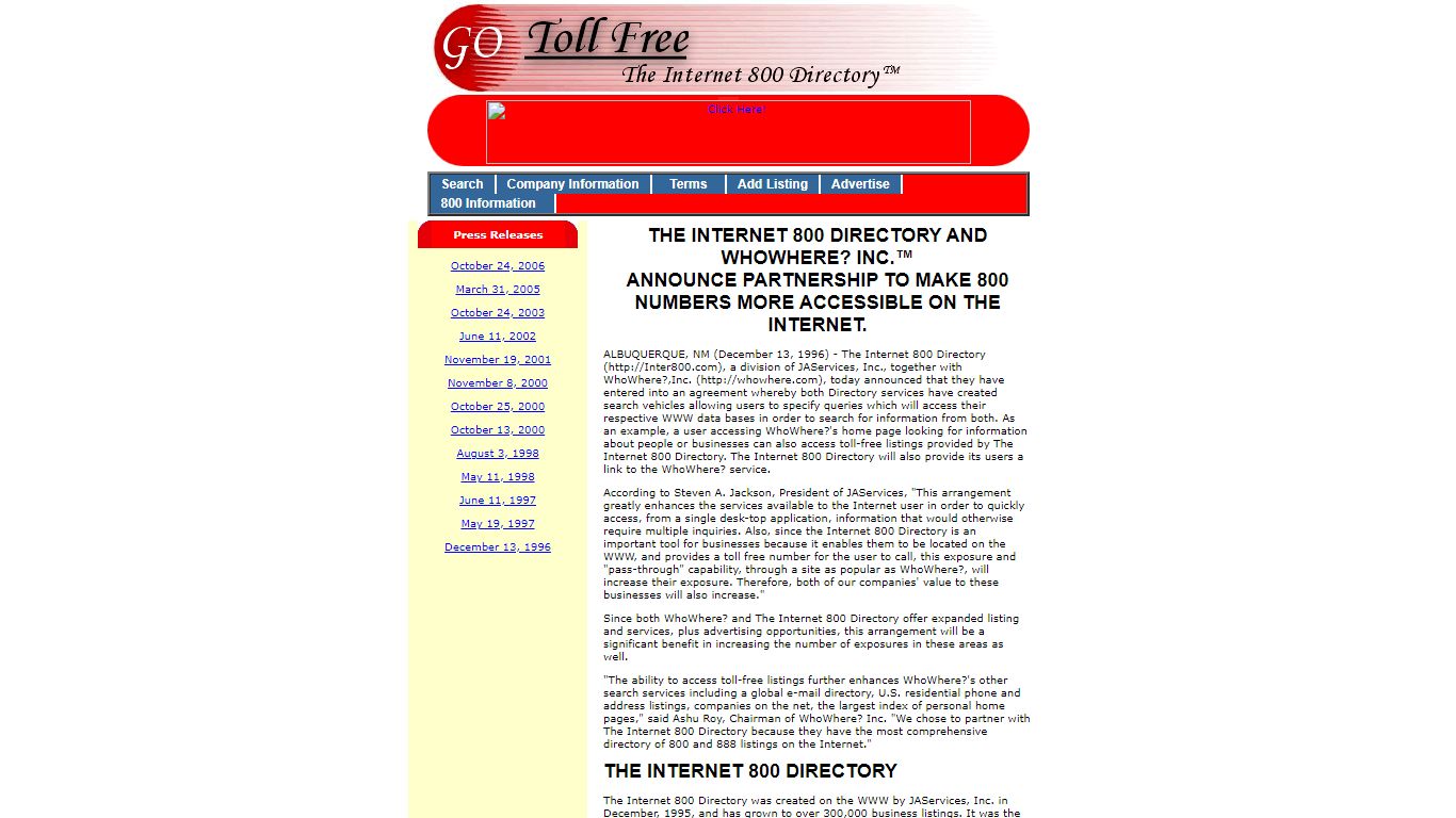 Press Releases Internet 800/888 Directory